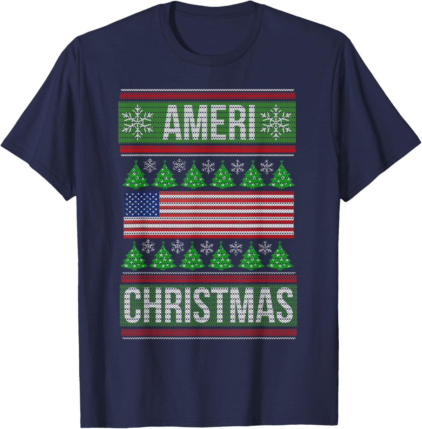 Ameri' Christmas Ugly Sweater Graphic Style Funny Xmas T-Shirt - T-Shirt | Navy