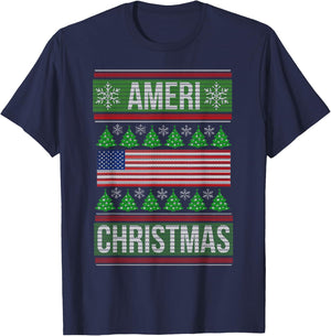 Ameri' Christmas Ugly Sweater Graphic Style Funny Xmas T-Shirt - T-Shirt | Navy