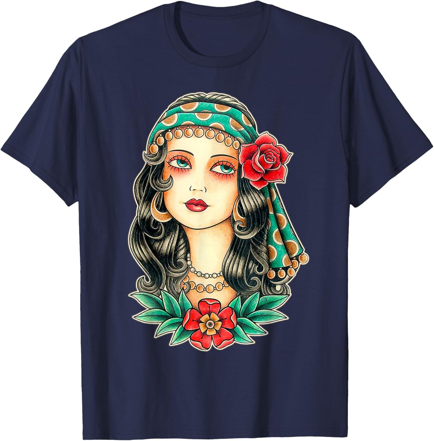 Pretty Girl Gypsy Fortune Teller Traditional Tattoo Flash T-Shirt - T-Shirt | Navy