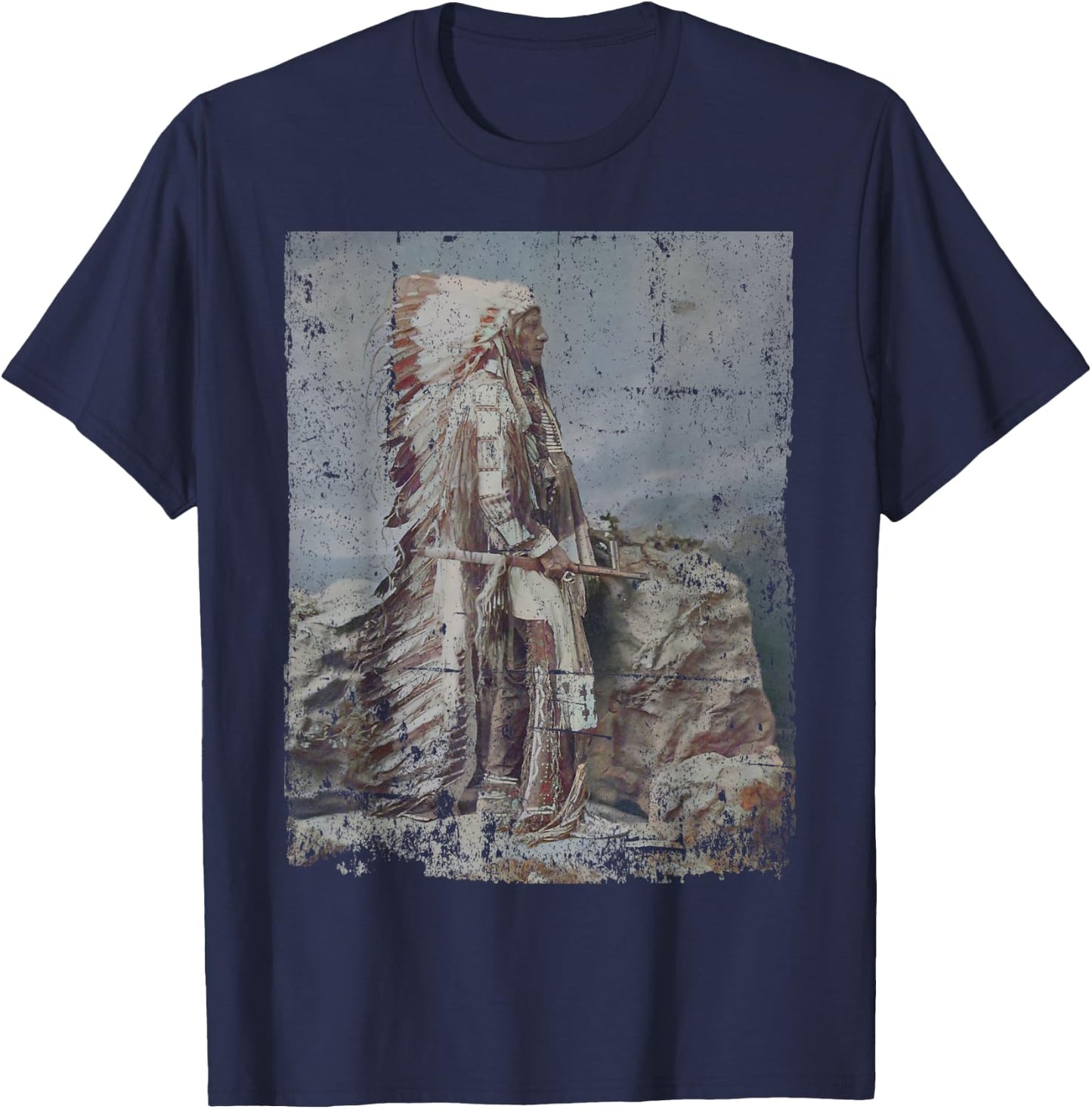 Chief Head Native American Indians Warbonnets Headdress Art T-Shirt - T-Shirt | Navy