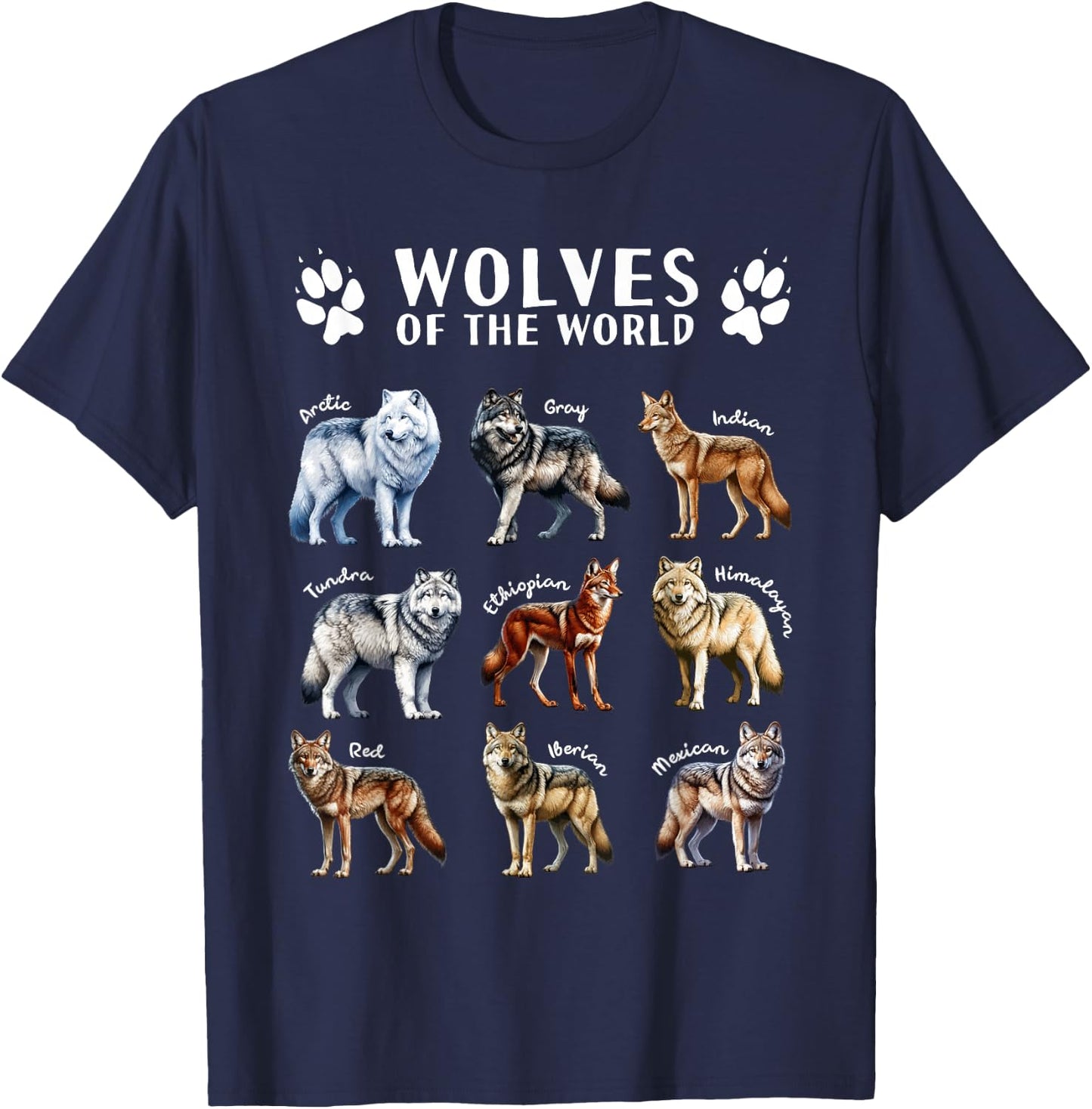 Wolves of the World Educational Collection Wolf Types Animal T-Shirt - T-Shirt | Navy