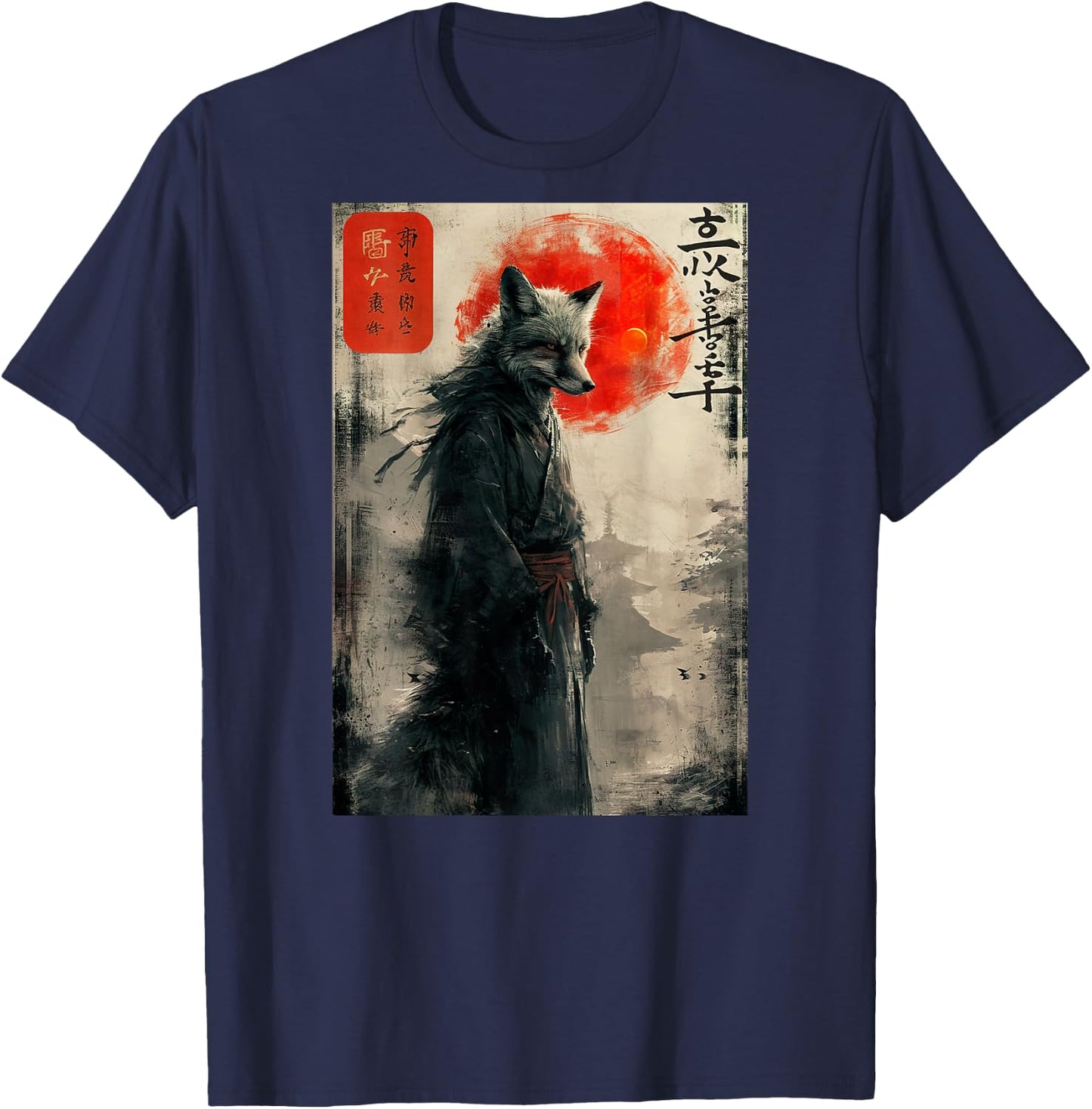 Japanese Woodblock Art of a Samurai Fox with Japanese (Back) T-Shirt - T-Shirt | Navy