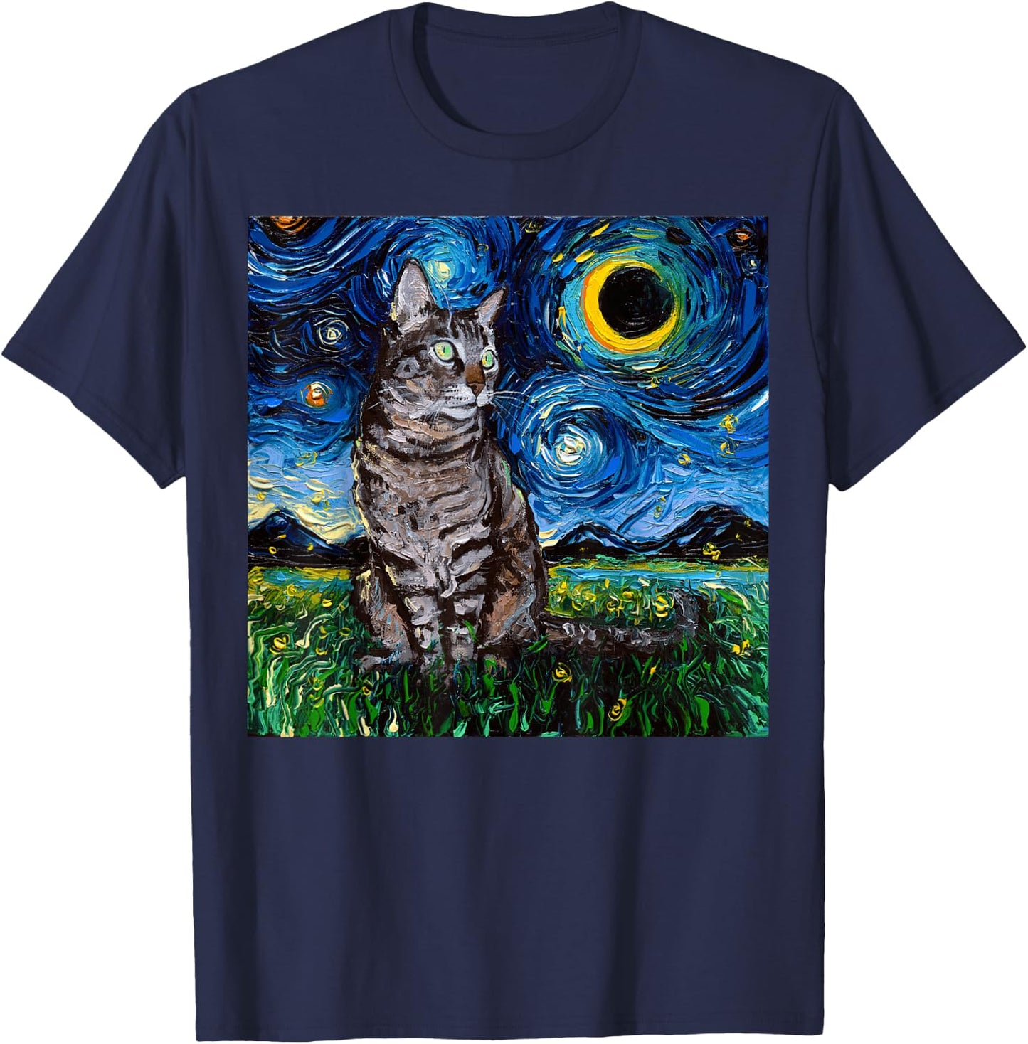 Gray Tabby Starry Night Art – Gift Cat Lovers T-Shirt - T-Shirt | Navy