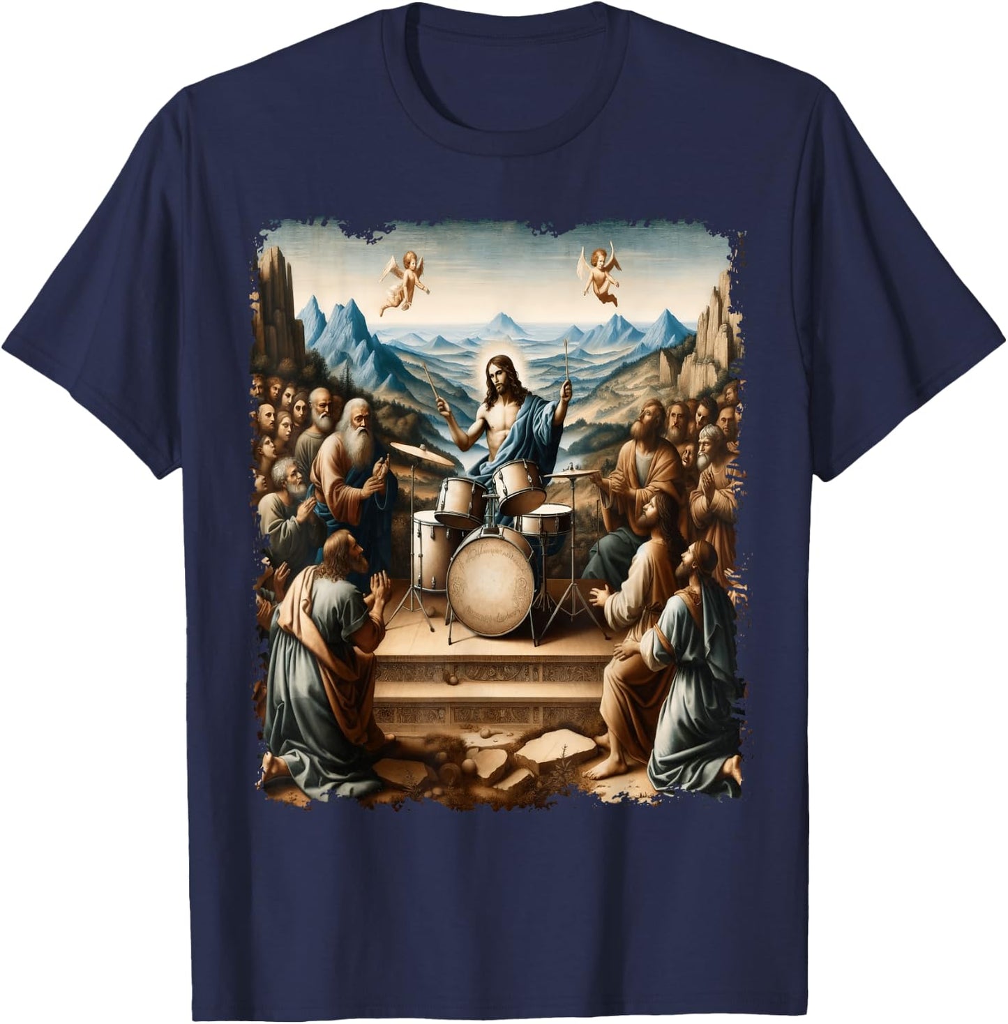 Jesus Playing Drums, Funny Christian Drummer Painting T-Shirt - T-Shirt | Navy