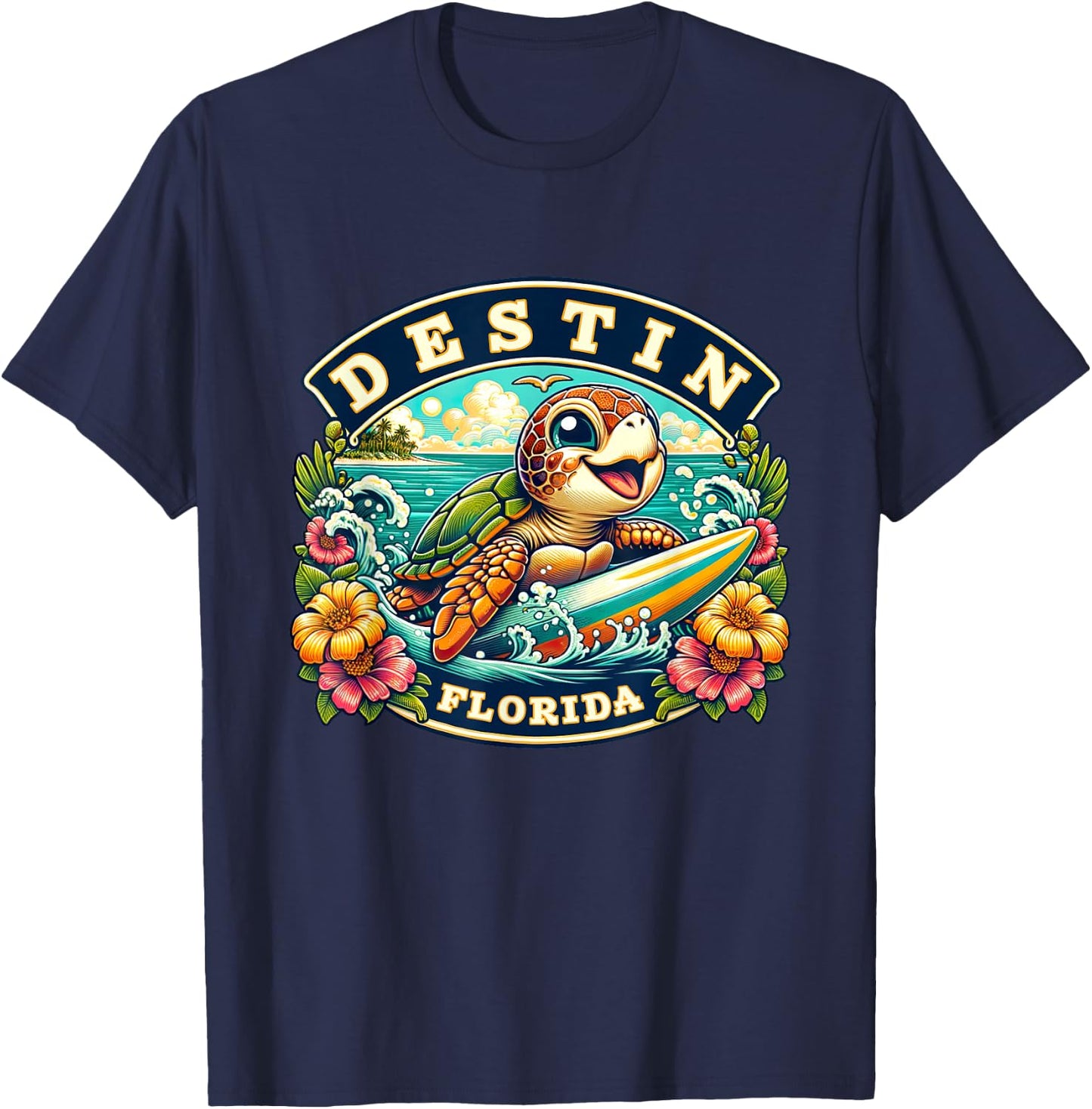 Destin Florida Cute Sea Turtle Surfing T-Shirt - T-Shirt | Navy