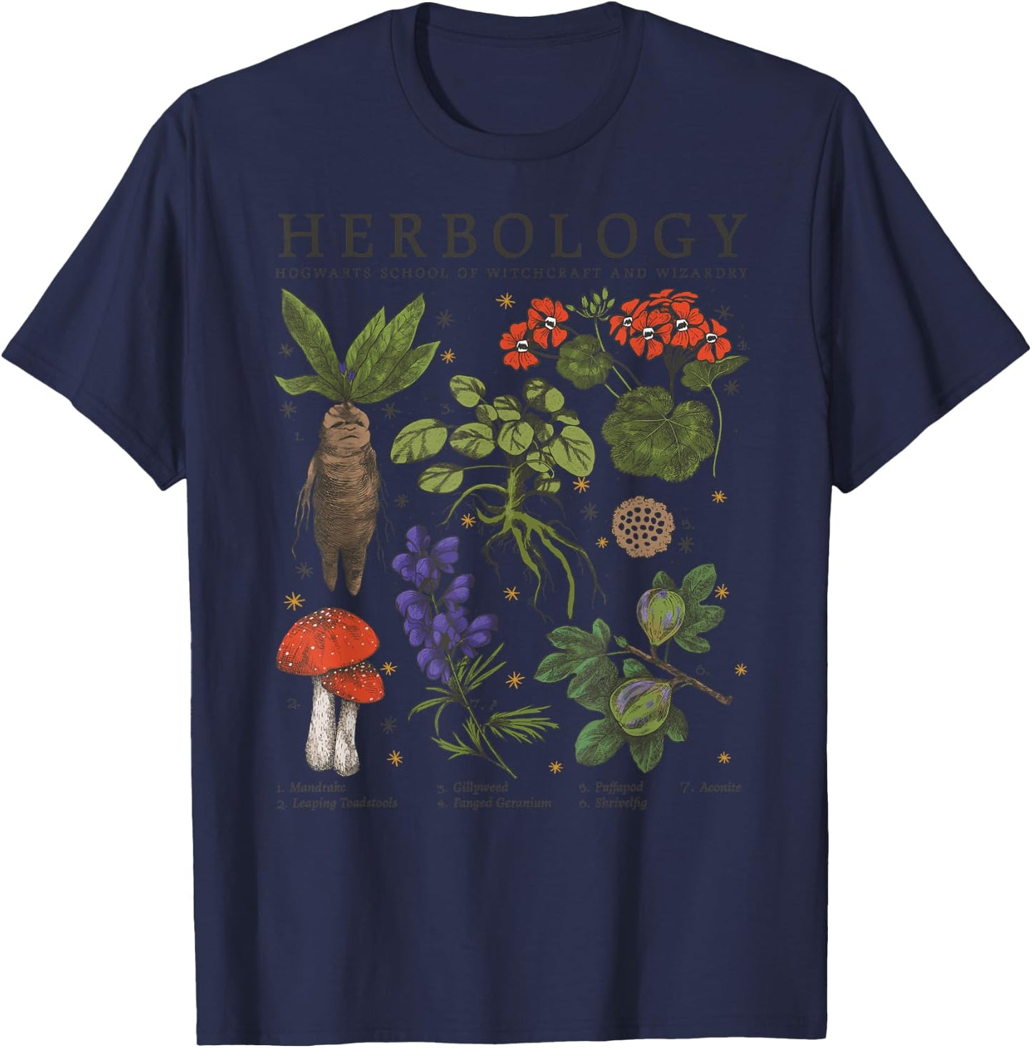 Harry Potter Grey Retro : Classic Fit, Herbology Plants, Adult, Short Sleeve, Cotton & Polyester T-Shirt - T-Shirt | Navy