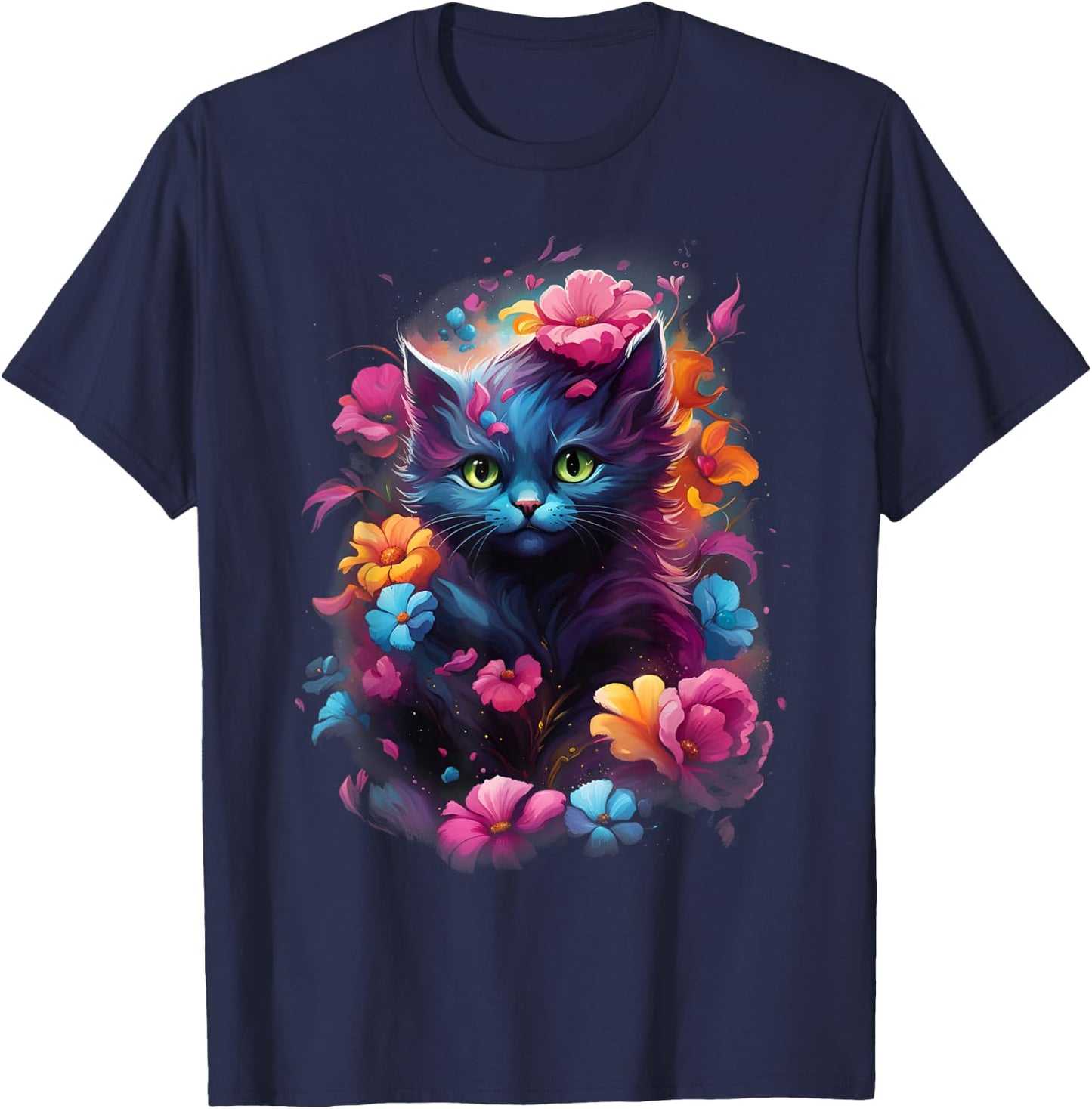 MyAnimal - Cute Cat in Colourful Flowers T-Shirt - T-Shirt | Navy
