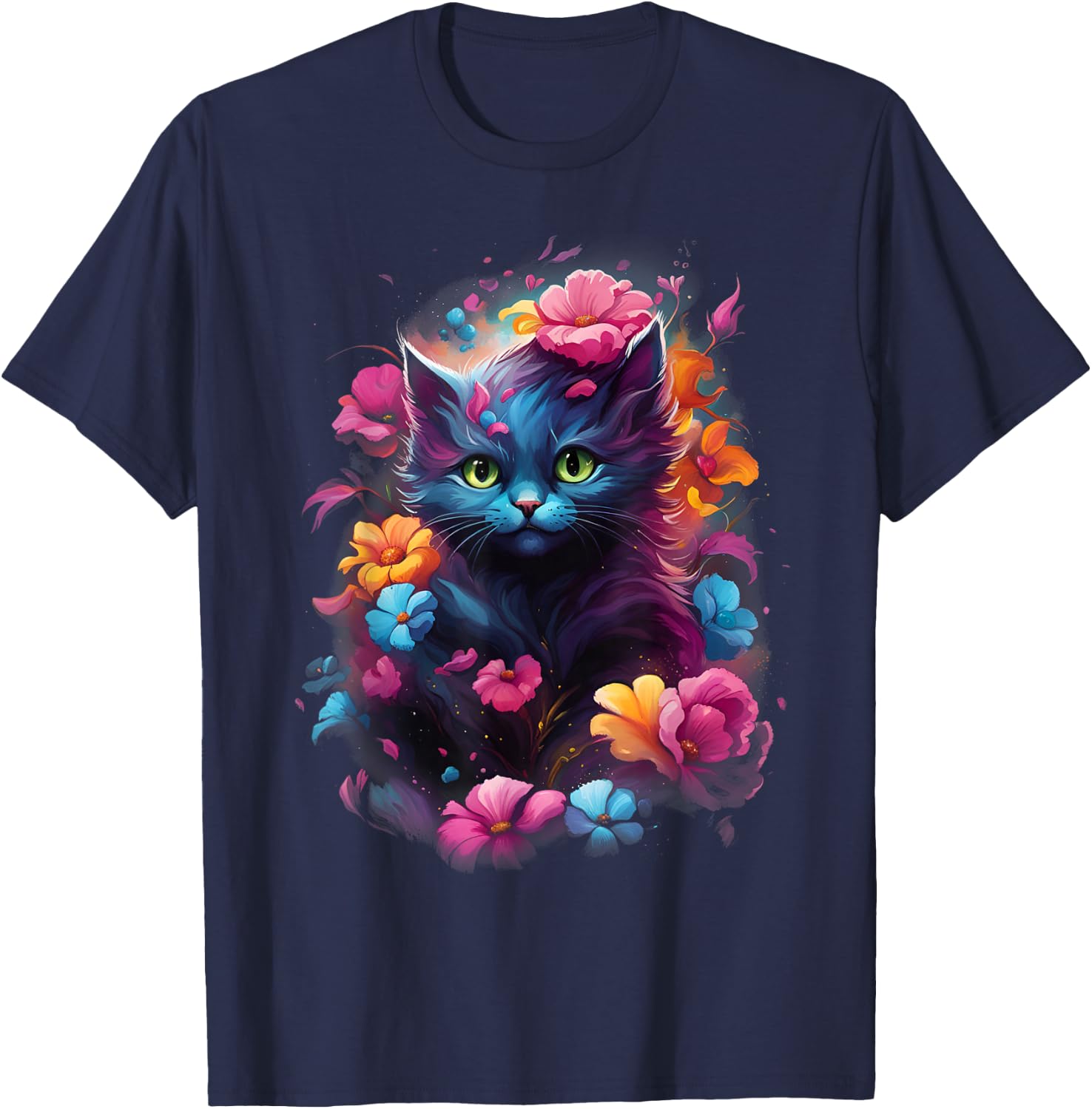 MyAnimal - Cute Cat in Colourful Flowers T-Shirt - T-Shirt | Navy