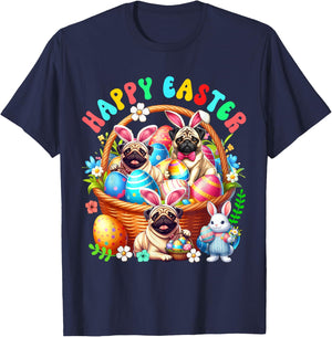 Three Easter Bunny Pugs In Eggs Basket Flowers Lover T-Shirt - T-Shirt | Navy