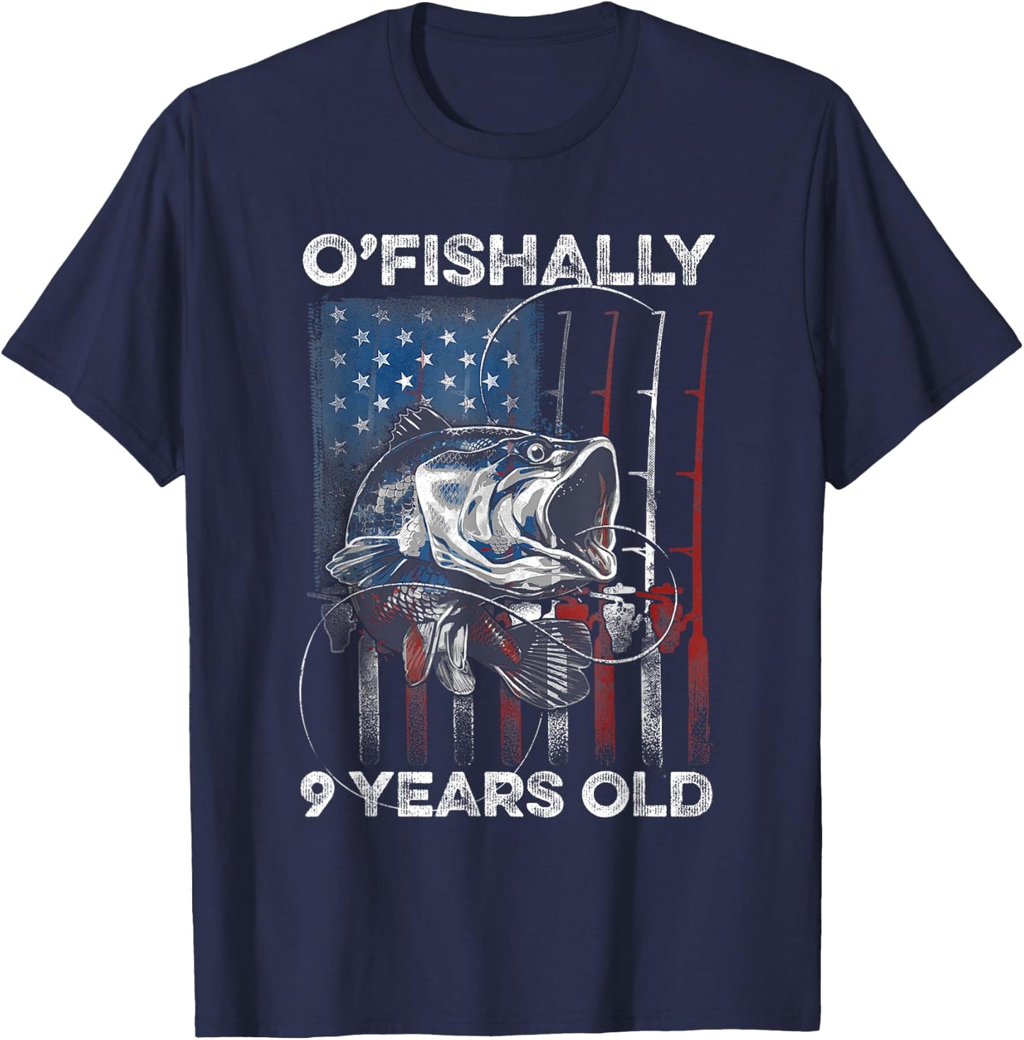 Ofishally 9 Year Old Shirt 9th Birthday Fishing US Flag T-Shirt - T-Shirt | Navy