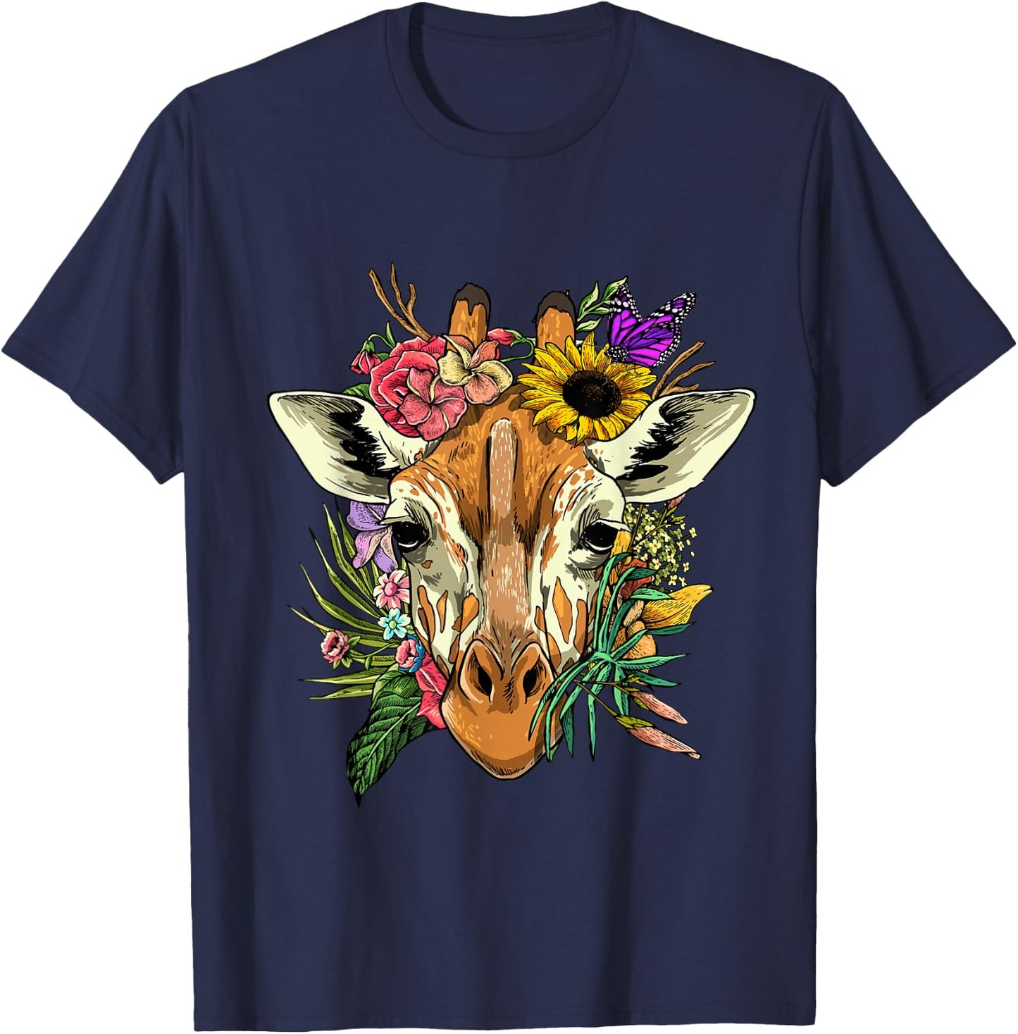 Floral Giraffe Shirt Nature Zoo Animal Face Giraffe Lover T-Shirt - T-Shirt | Navy