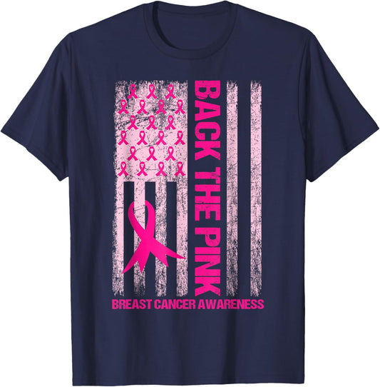 Back The Pink Ribbon American Flag Breast Cancer Awareness T-Shirt - T-Shirt | Navy