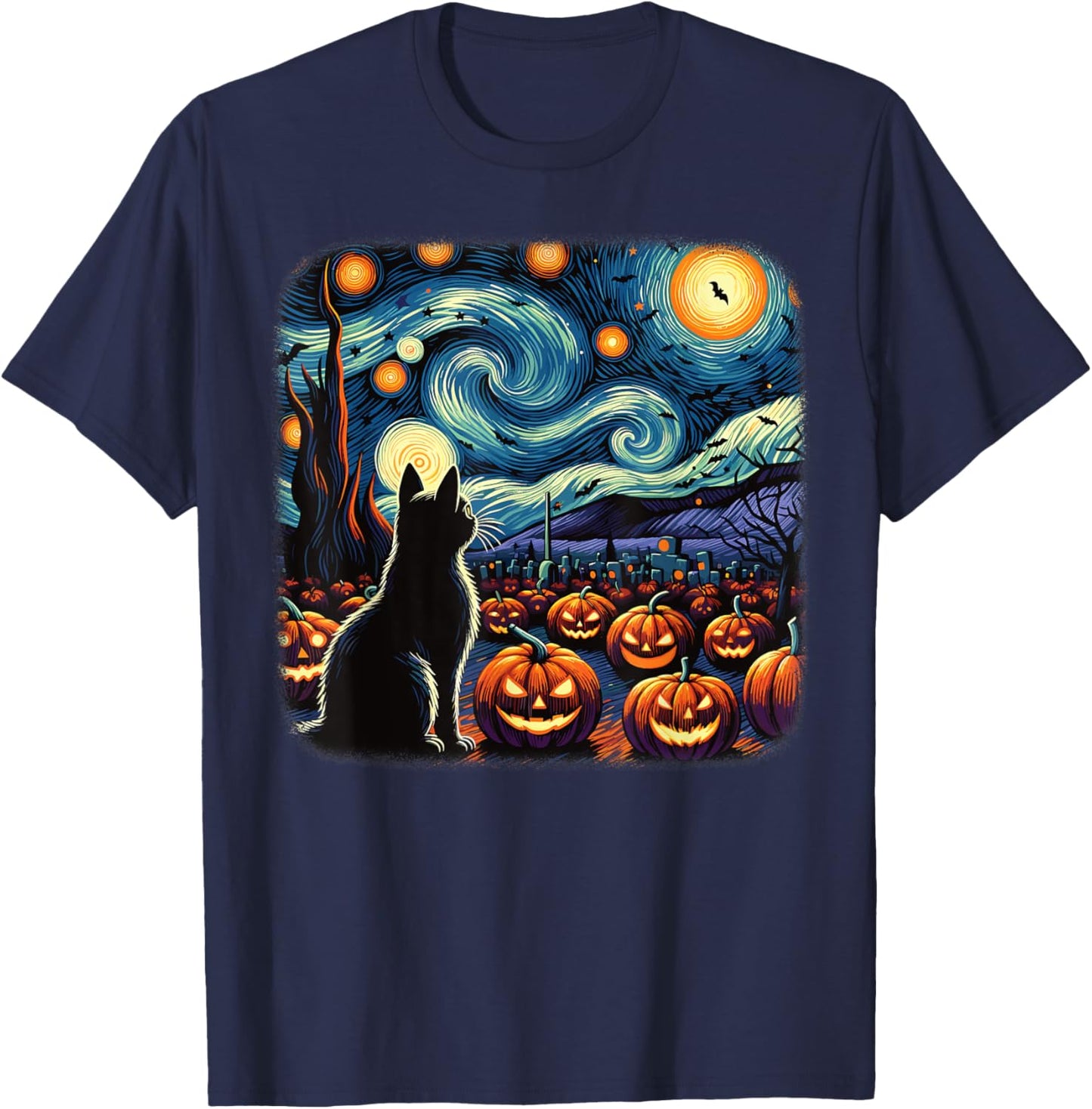 Halloween Black Cat Van Gogh Starry Night Pumpkins Bats Men Women Girls Kids T-Shirt - T-Shirt | Navy