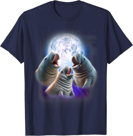 3 Manatees Howling At The Moon Funny Manatee Chubby Mermaid T-Shirt - T-Shirt | Navy