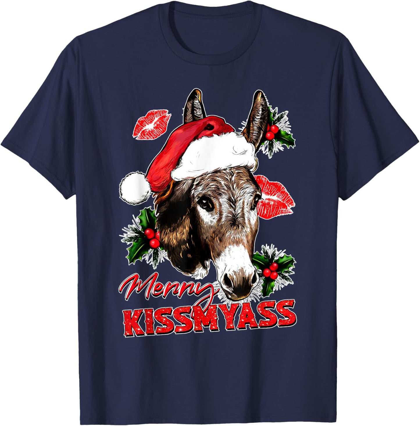 Merry Kissmyass Funny Donkey Lovers Sarcastic Christmas T-Shirt - T-Shirt | Navy