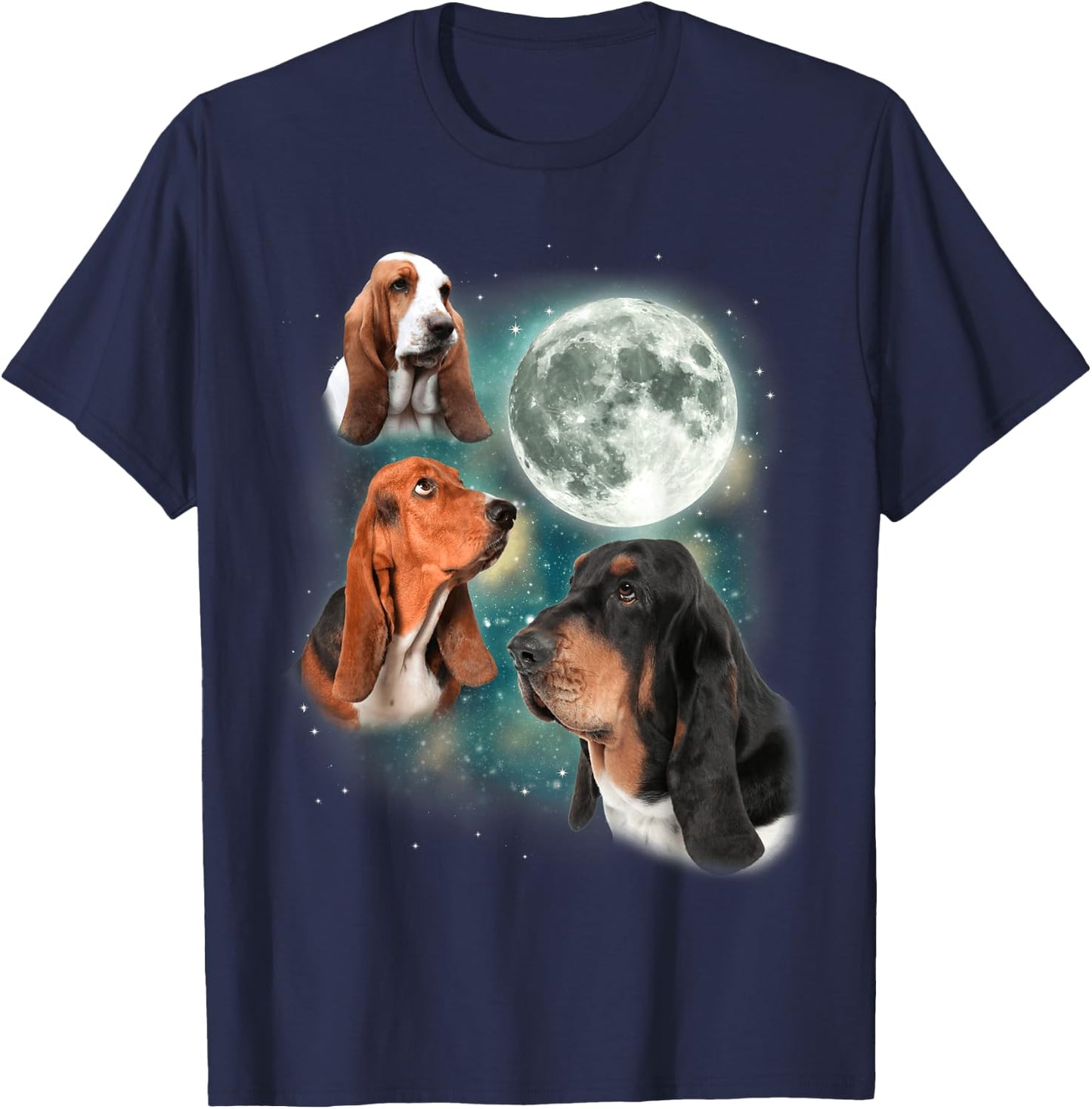 Basset Hound Moon | 3 Funny Canines Howl At Moon Cute Dog T-Shirt - T-Shirt | Navy