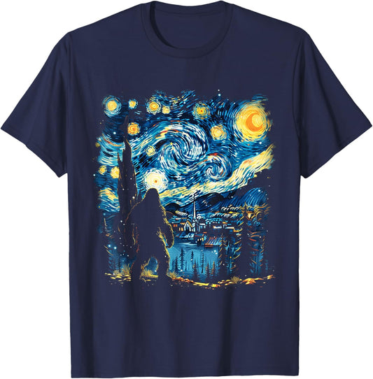 Funny Bigfoot Starry Night Sasquatch Van Gogh Sky Painting T-Shirt - T-Shirt | Navy