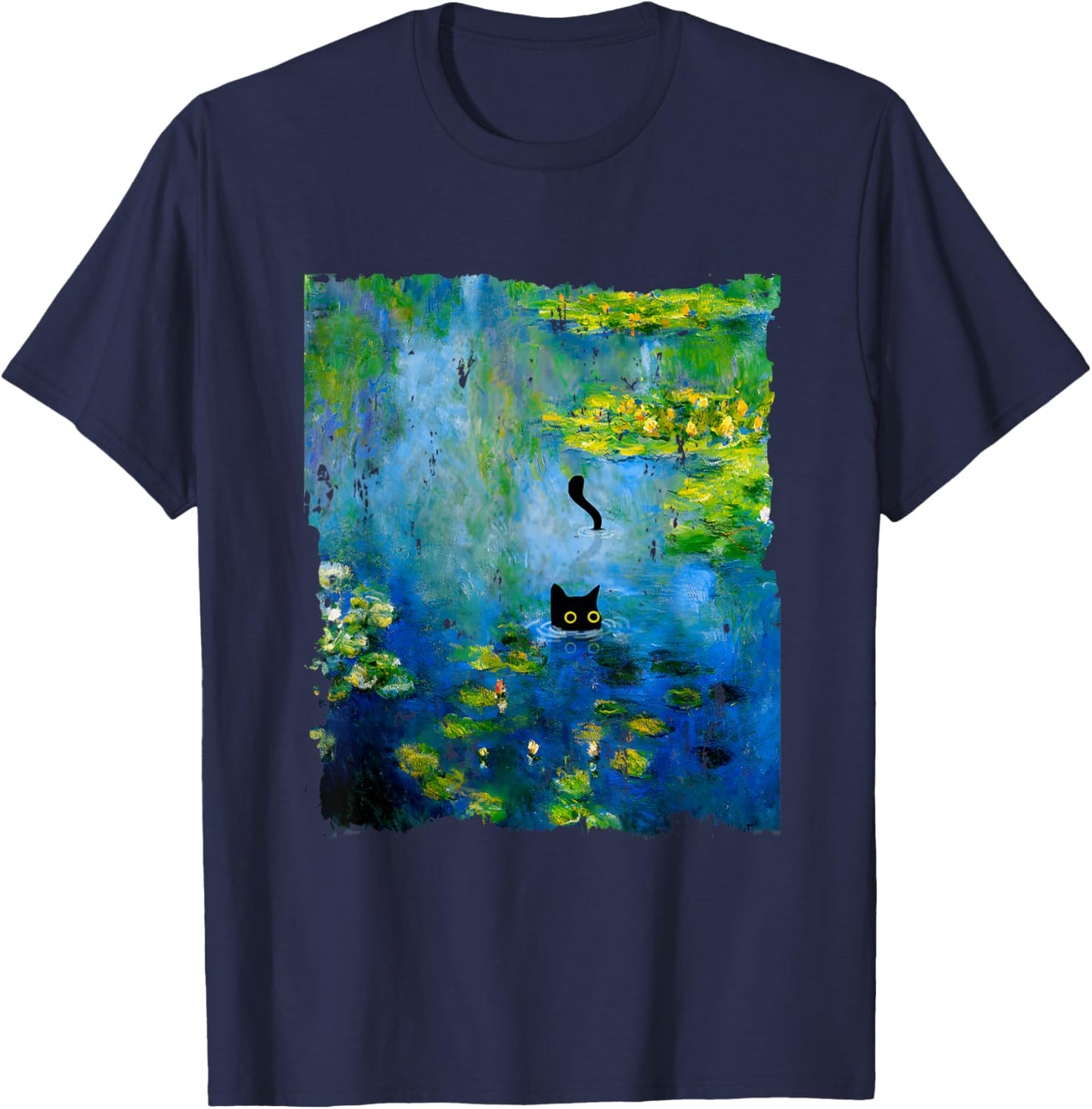 Black Cat Monets Waterlily Painting Art Cat Lover T-Shirt - T-Shirt | Navy