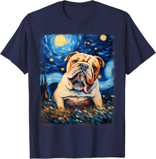 Bulldog Dog Starry Night Painting T-Shirt - T-Shirt | Navy