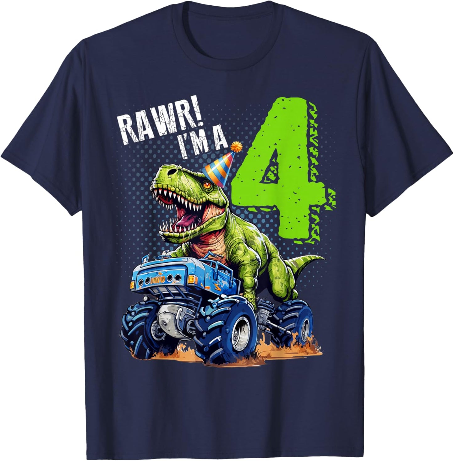 Rawr I’m 4 Birthday Dinosaur Monster Truck 4th Boys Girls T-Shirt - T-Shirt | Navy