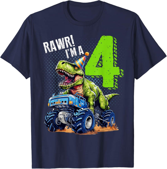 Rawr I’m 4 Birthday Dinosaur Monster Truck 4th Boys Girls T-Shirt - T-Shirt | Navy