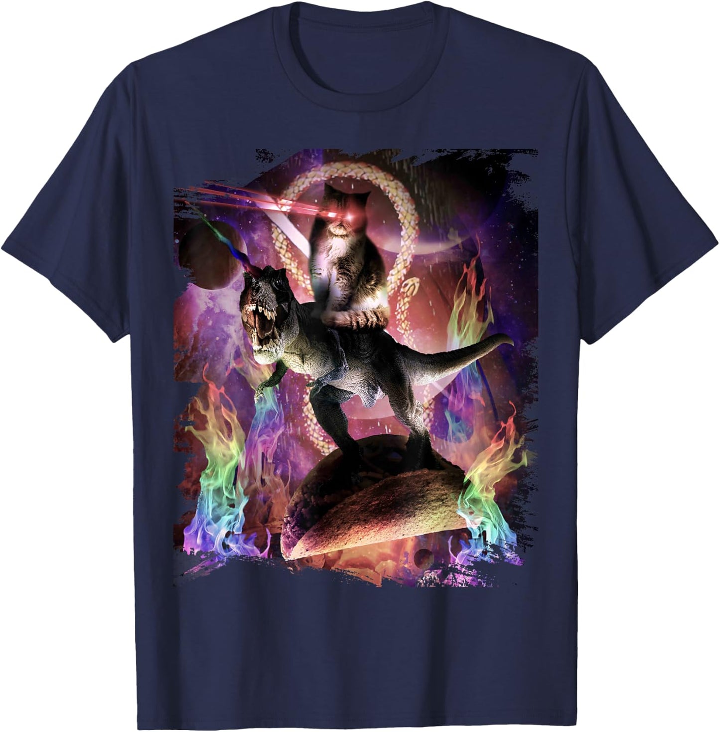 Evil Space Laser Cat On Dinosaur Unicorn On Taco T-Shirt - T-Shirt | Navy