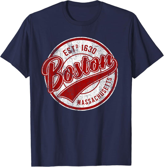 Distressed Vintage Boston Massachusetts Sports Gift T-Shirt - T-Shirt | Navy