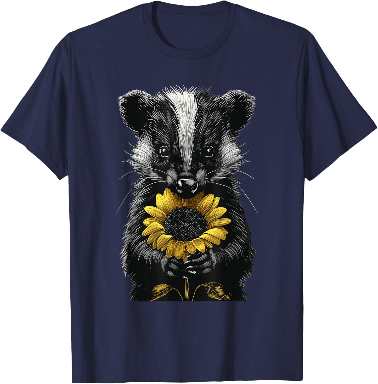 Skunk Holding Sunflower Wildlife Animal Cute Flower T-Shirt - T-Shirt | Navy