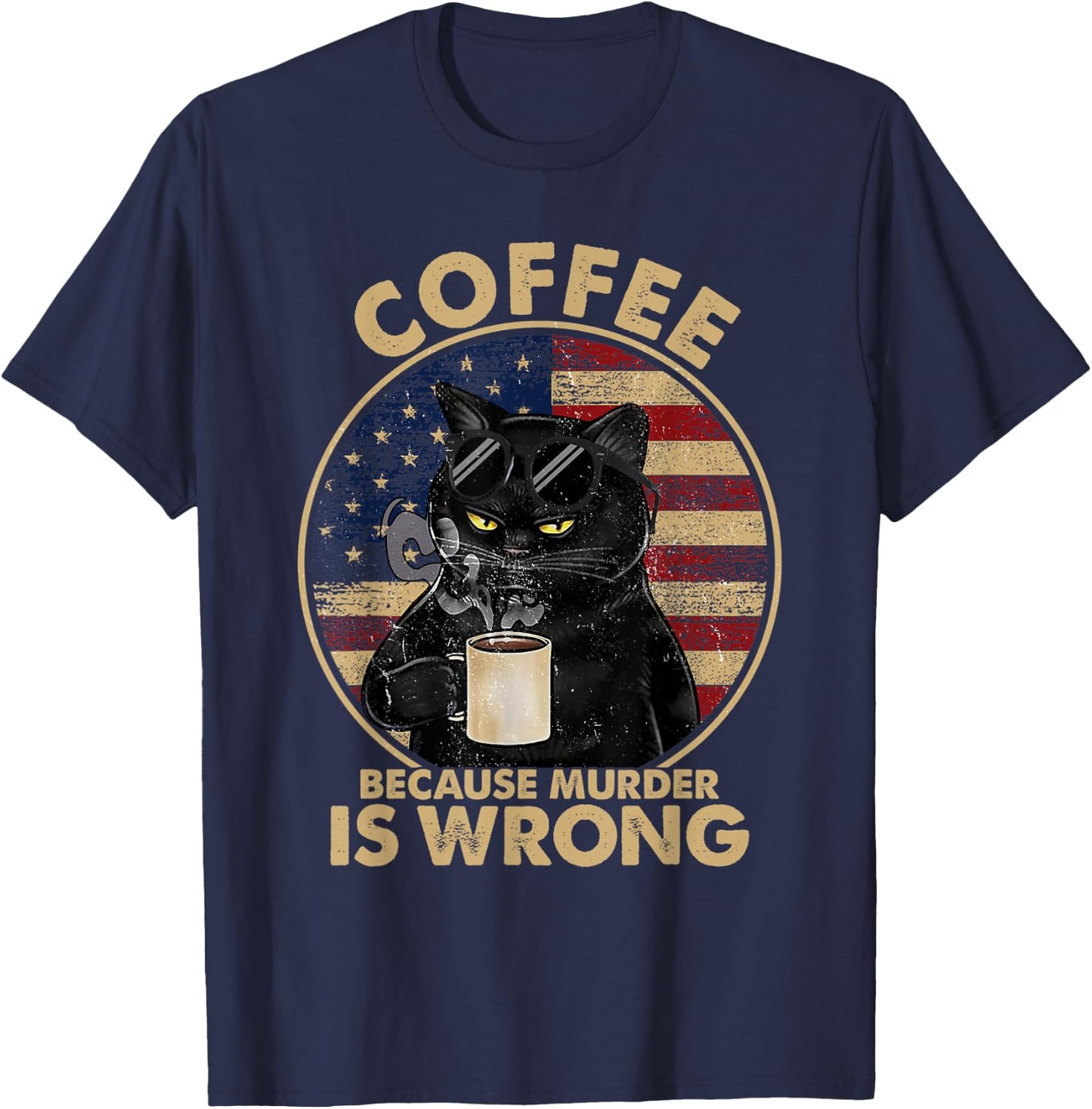 Funny Black Cat Drinks Coffee Because Murder Is Wrong Women T-Shirt - T-Shirt | Navy
