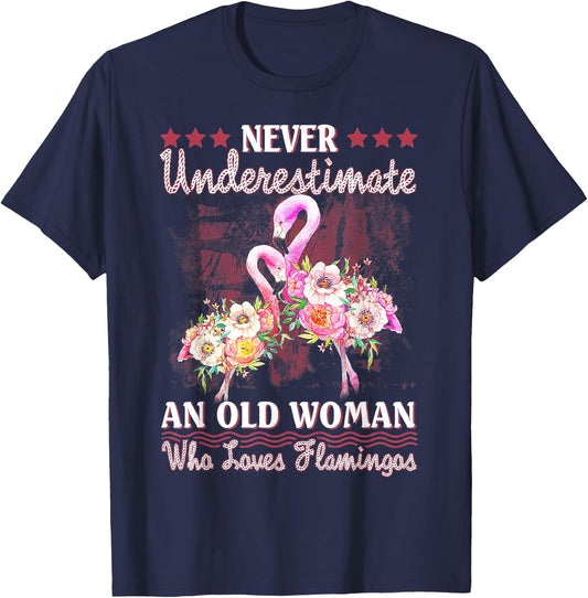 Never Underestimate An Old Woman Who Loves Flamingo T-Shirt - T-Shirt | Navy