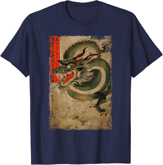 Japanese Dragon and The Great Wave off Kanagawa Woodblock T-Shirt - T-Shirt | Navy