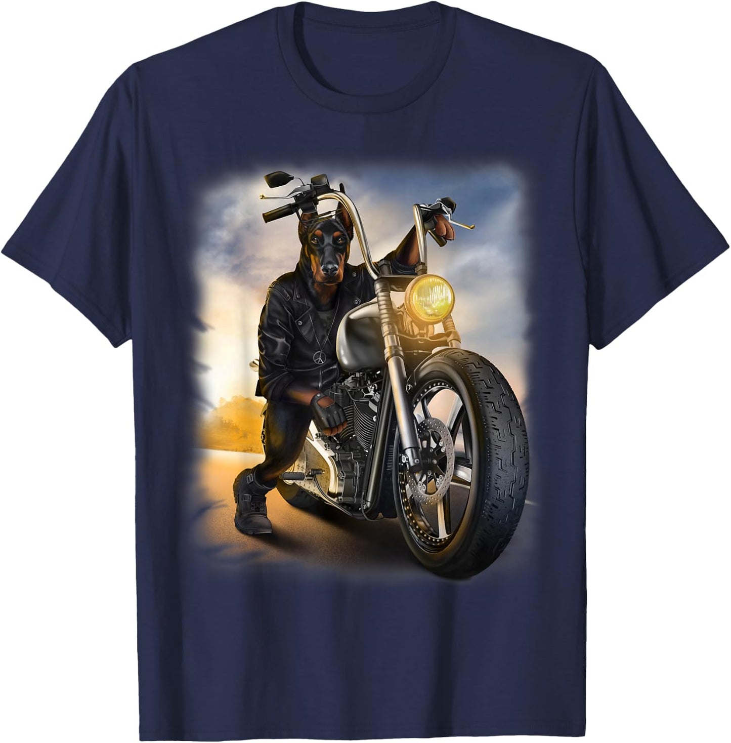Doberman Dog Biker Riding Motorcycle at Sunset T-Shirt - T-Shirt | Navy
