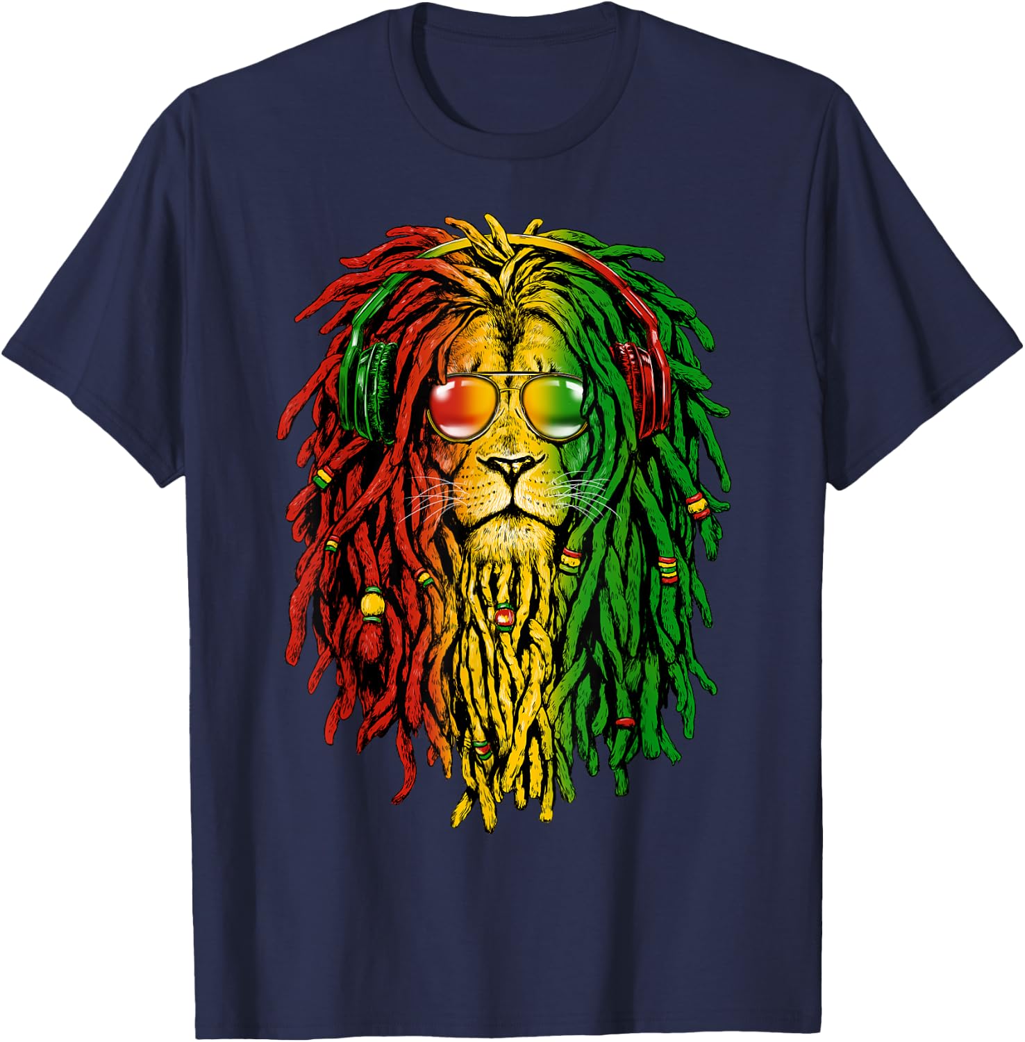 Rasta Reggae Lion Sunglasses Art Gift Rastafari T-Shirt - T-Shirt | Navy