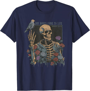 Dry Bones Come to Life Skeleton Bird Flower Nature Halloween T-Shirt - T-Shirt | Navy