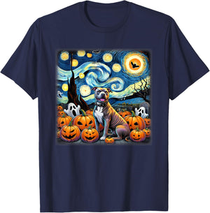 Starry Night Pitbull Halloween T-Shirt - T-Shirt | Navy