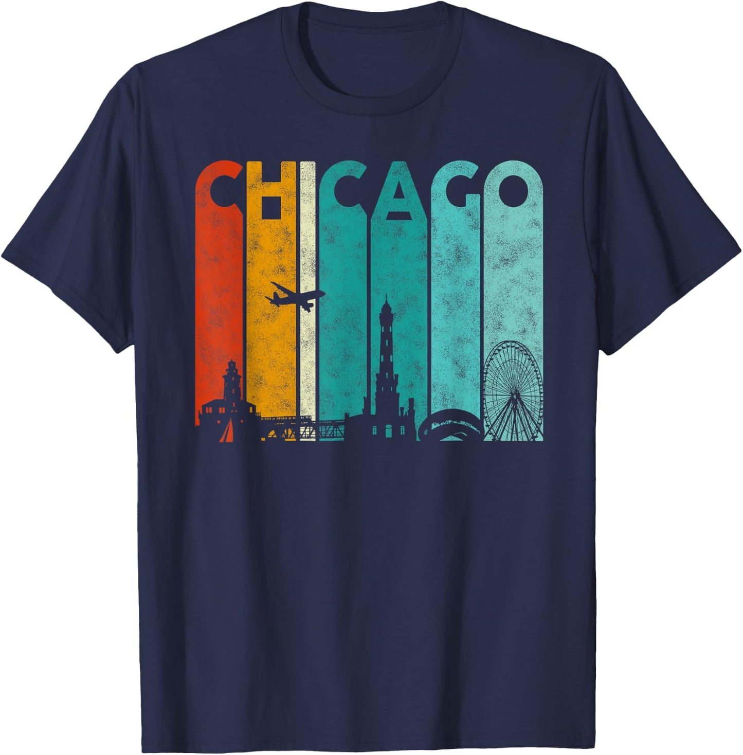 Vintage Retro Style Chicago city Skyline Airplane Chicago T-Shirt - T-Shirt | Navy