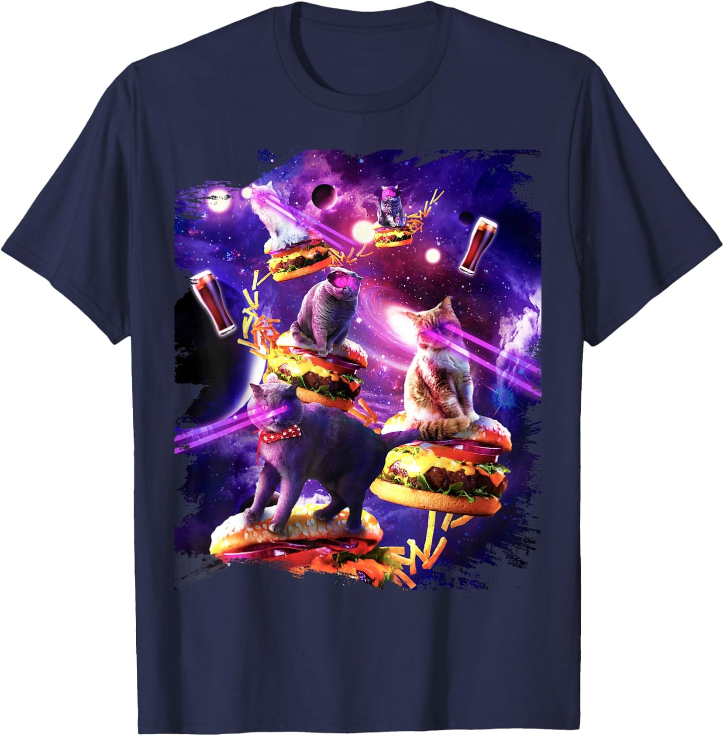 Galaxy Laser Cat On Burger - Space Cheeseburger Cats T-Shirt - T-Shirt | Navy