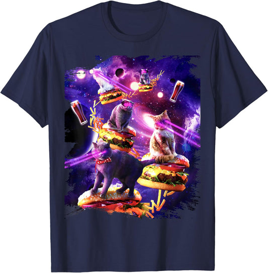 Galaxy Laser Cat On Burger - Space Cheeseburger Cats T-Shirt - T-Shirt | Navy
