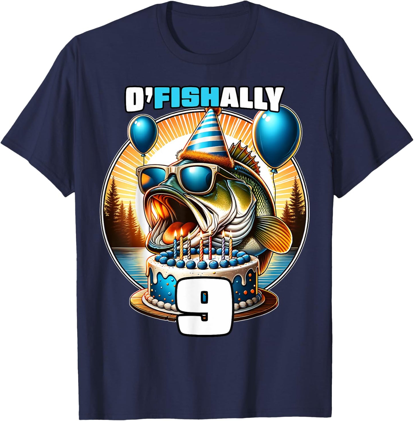 O'Fishally 9 Years Old Fishing Birthday 9th Bday Party T-Shirt - T-Shirt | Navy