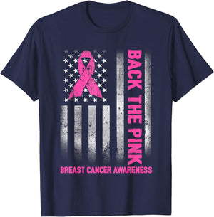Back The Pink Ribbon American Flag Breast Cancer Awareness T-Shirt - T-Shirt | Navy