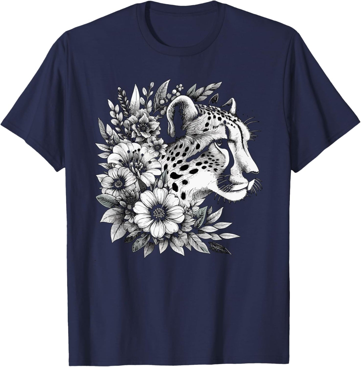 Cheetah Face Animal Print Big Cat Wildlife Flowers Design Women Kids T-Shirt - T-Shirt | Navy