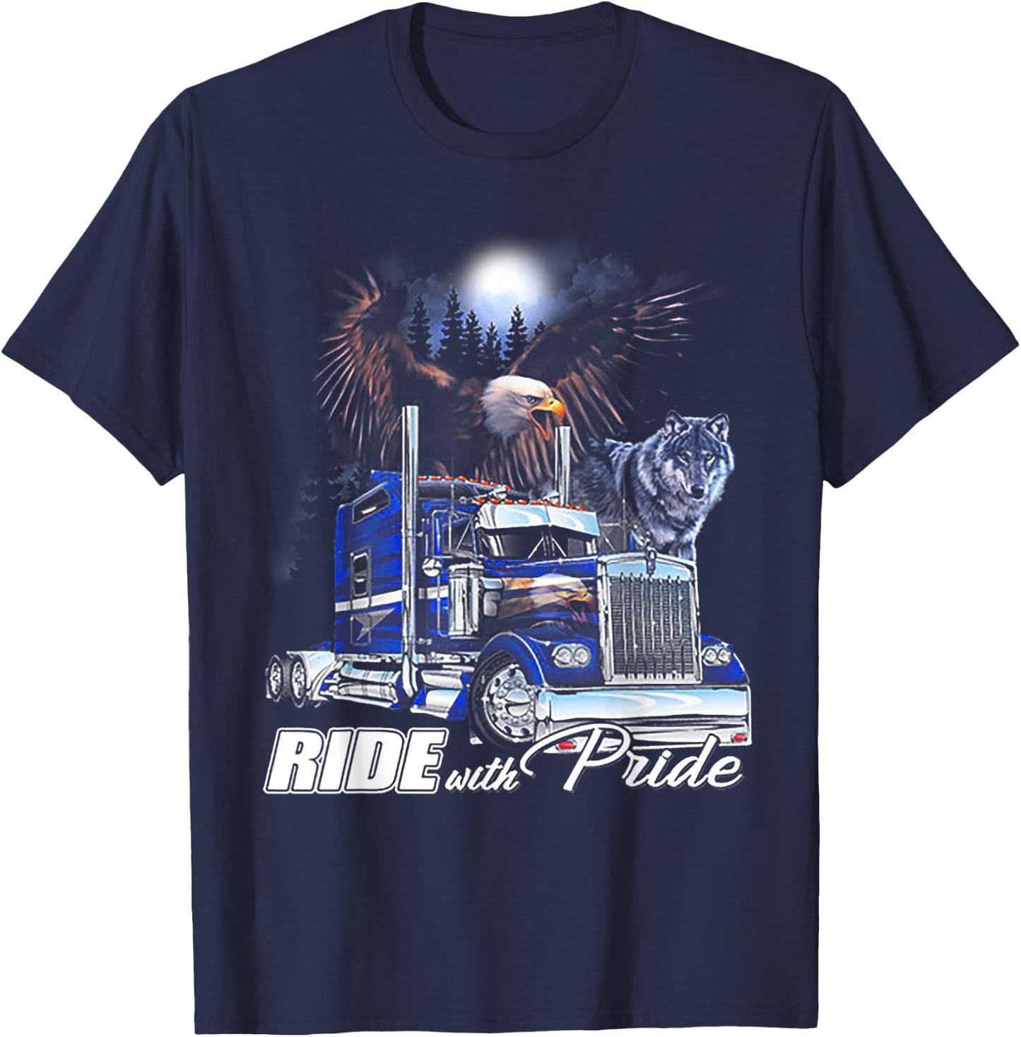 Ride With Pride Trucker Eagle Wolf T-Shirt - T-Shirt | Navy
