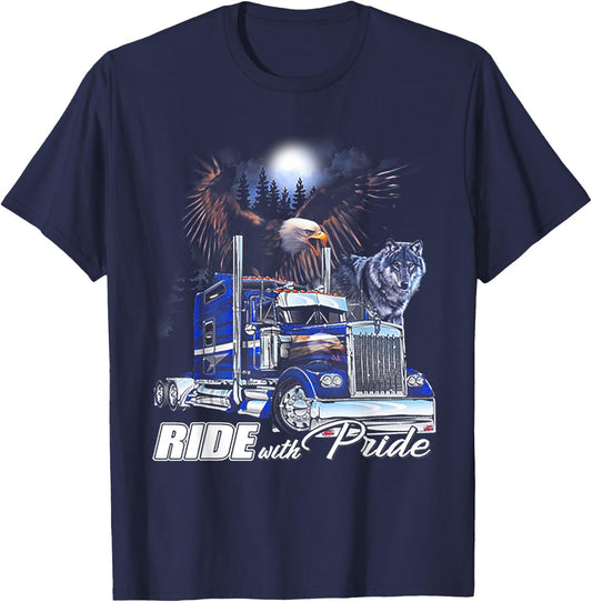 Ride With Pride Trucker Eagle Wolf T-Shirt - T-Shirt | Navy