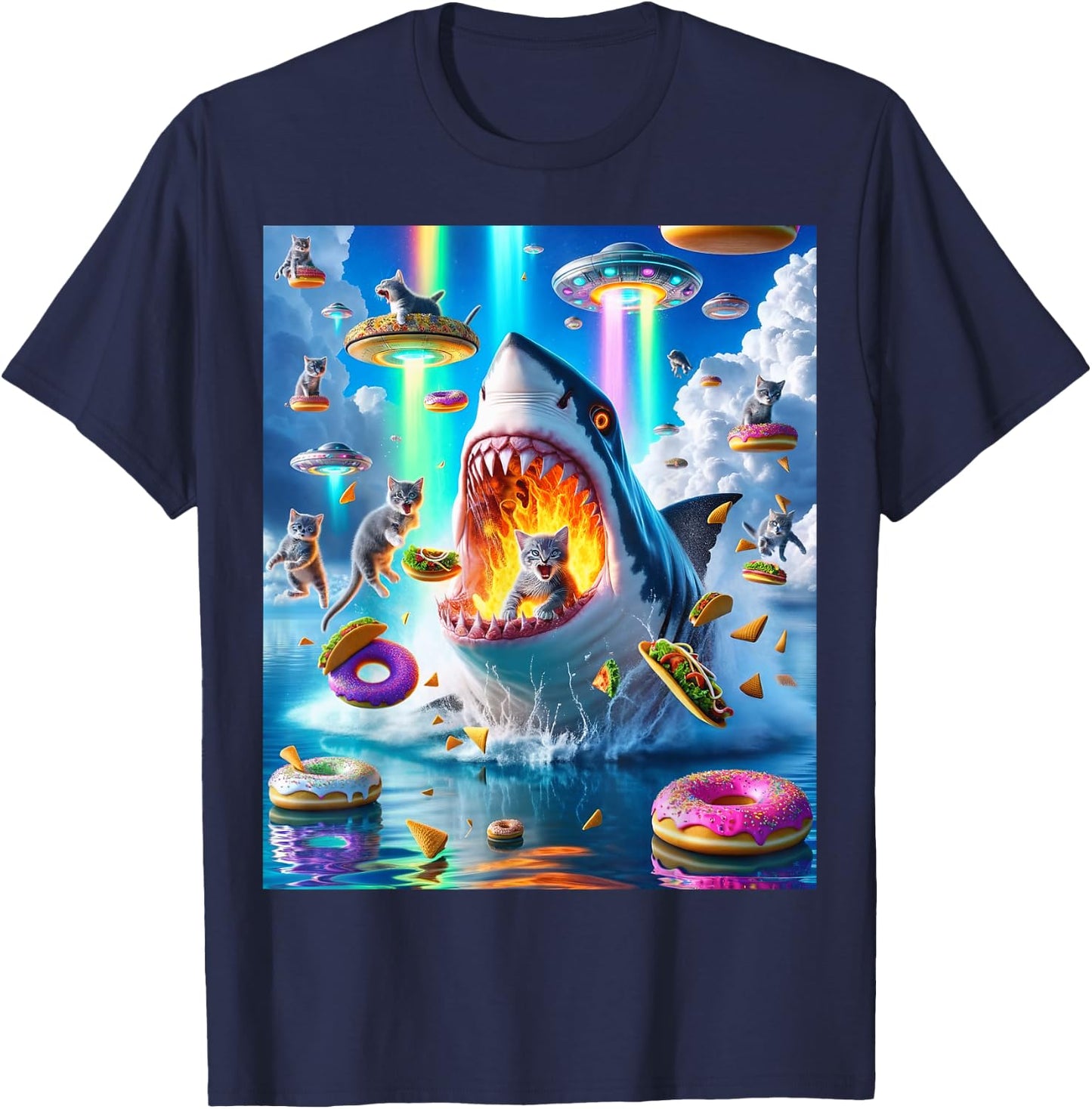 Cat Kitty Riding Fire Breathing Shark Rainbow Laser Taco Women T-Shirt - T-Shirt | Navy