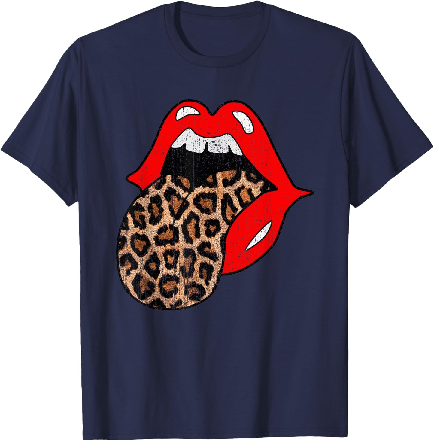 Red Lips Leopard Tongue Shirt Vintage Trendy Animal Print T-Shirt - T-Shirt | Navy
