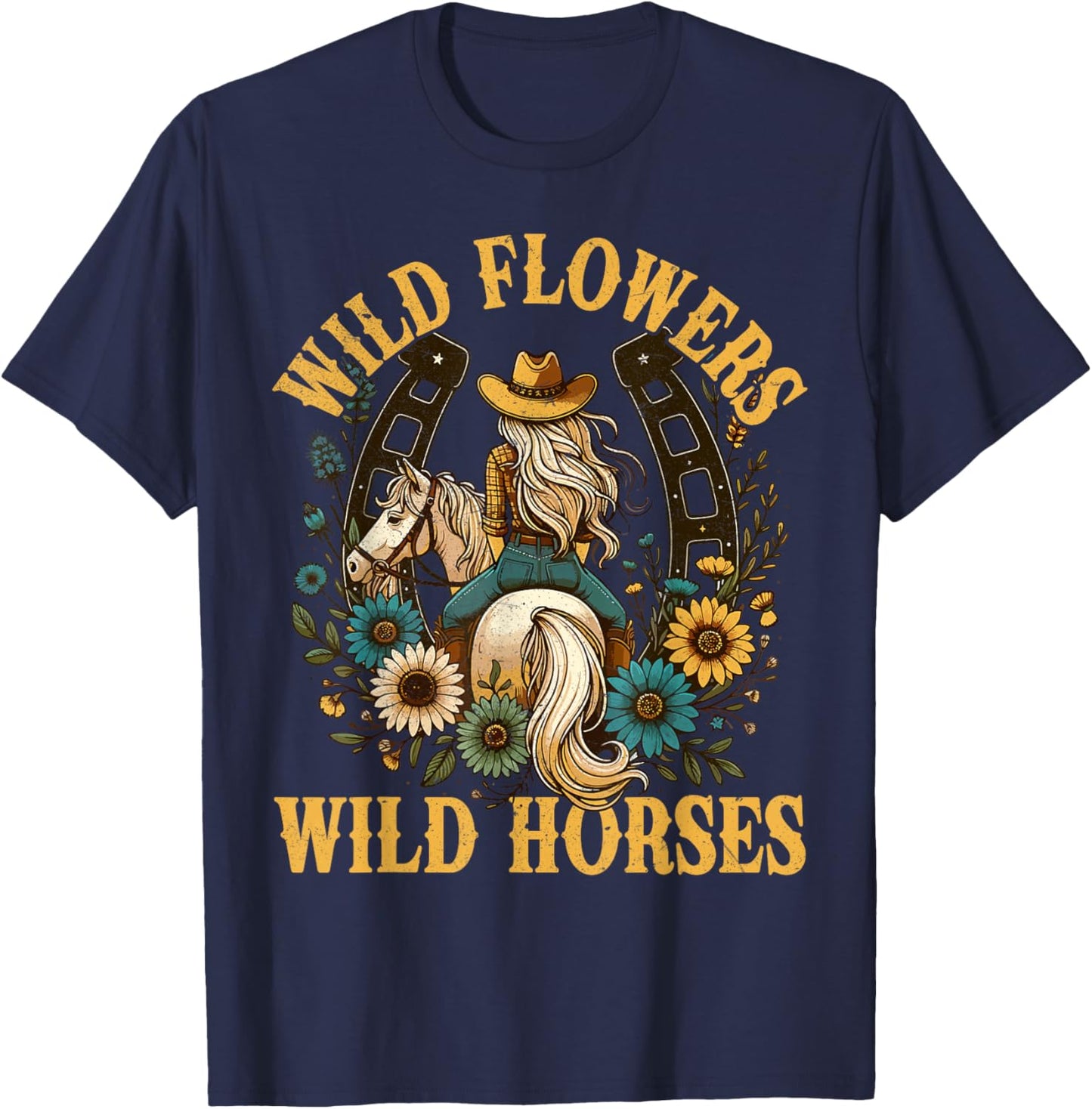 Retro Southern Sunset Cowgirl Wild Flowers - Wild Horses T-Shirt - T-Shirt | Navy