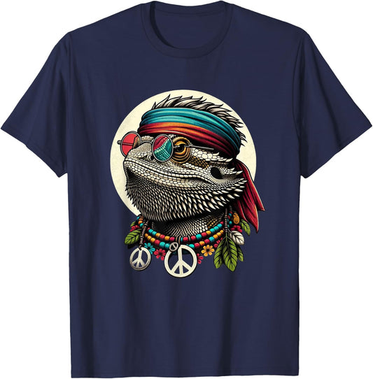 Bearded Dragons Reptile Lizard Pet Hippie Style T-Shirt - T-Shirt | Navy