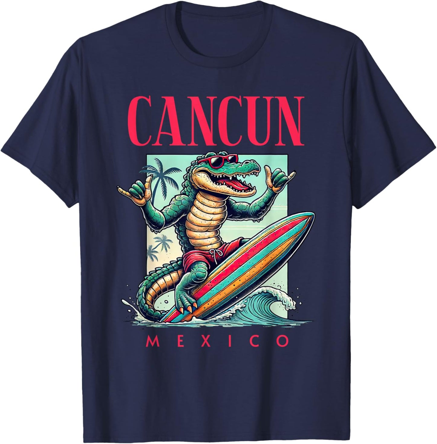 Cancun Mexico Surfing Crocodile Beach Vacation T-Shirt - T-Shirt | Navy