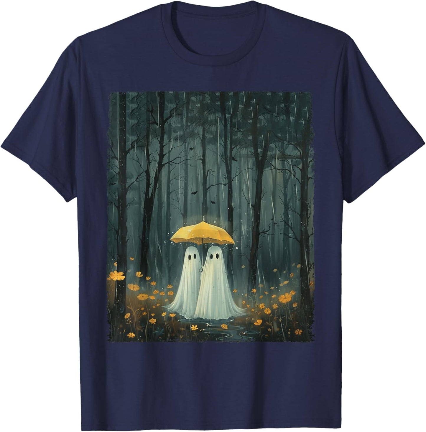 Floral Ghost Holds Umbrella Couple Spooky Season Women Men T-Shirt - T-Shirt | Navy