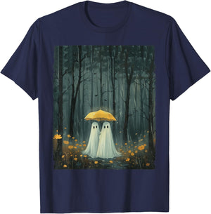Floral Ghost Holds Umbrella Couple Spooky Season Women Men T-Shirt - T-Shirt | Navy